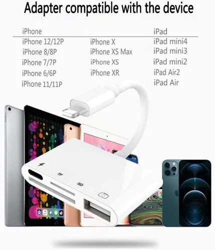 Vista 6 de Adaptador Lightning para lector de tarjetas SD TF, rosyclo Apple MFi certificado 4 en 1 USB OTG kits de conexión de cámara cable de carga