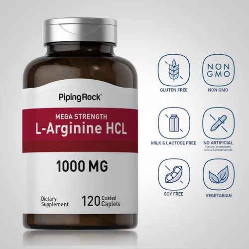 Vista 4 de Piping Rock L-Arginina HCl 1000mg 120 comprimidos Suplemento para hombres y mujeres Mega fuerza Vegetariano, sin OMG, sin gluten