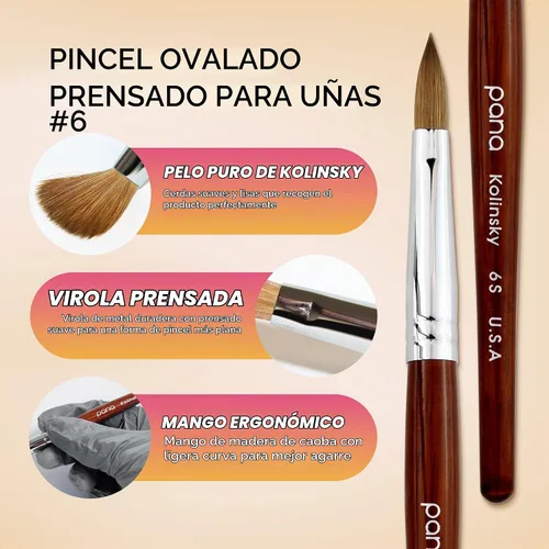 Vista 3 de Cepillo Pana USA para de uñas de acrílico, puro Kolinsky de pelo ovalado, forma prensada Caoba