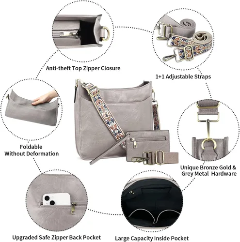 Vista 3 de KITATU 2 bolsos cruzados para mujer, bolsos de mano hobo de hombro de diseñador bolso de cuero vegano con 2 correas