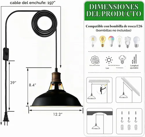 Vista 6 de CLAXY Iluminación colgante industrial de enchufe estilo granero negro, lámpara colgante de granja con interruptor de encendido/apagado, cable de 197