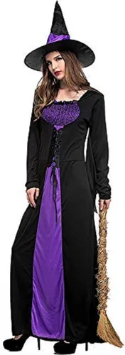 Vista 4 de Colorful House Disfraz de bruja malvada para mujer, vestido clásico de hechicera largo morado