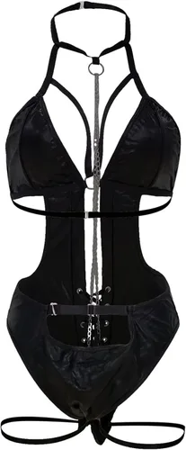 Vista 9 de Conjunto de lencería de cuero travieso para mujer, gargantilla, halter, juego de rol, disfraz de poliuretano hueco, sexy, babydoll esposas, liga