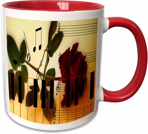 Vista 7 de 3dRose Florene – Música – Impresión de rosa sobre piano – Tazas, Negro/Blanco Black