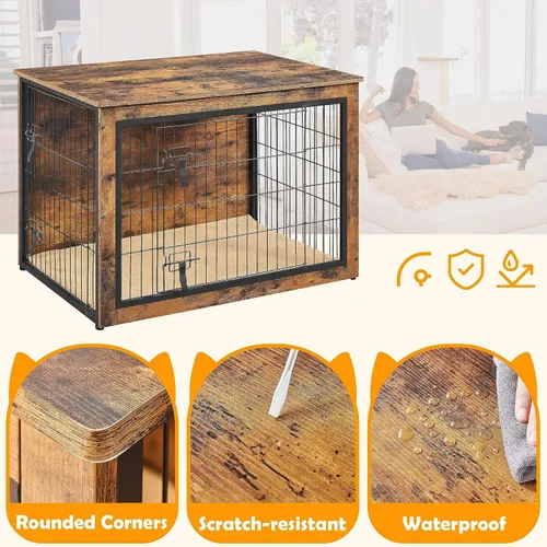 Vista 5 de Yaheetech Jaula para Perros de 40'' como Mueble con Cojín, Jaula de Madera para Perros con Puertas Dobles/Patas Ajustables, Mesa Lateral para Perros