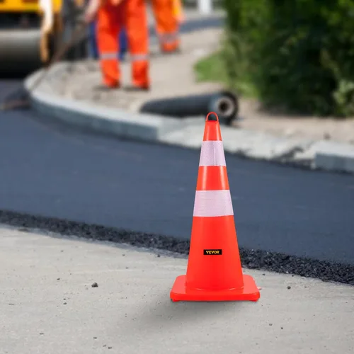 Vista 8 de VEVOR Conos de seguridad, 10 conos de tráfico de 28 pulgadas, conos de construcción naranja de PVC, 2 collares reflectantes con base pesada y anillo