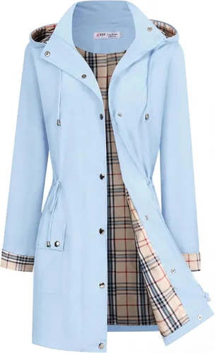 Vista 15 de BBX Lephsnt Abrigos de lluvia para mujer, chaqueta impermeable ligera, rompevientos para exteriores, gabardina con capucha A-verde militar