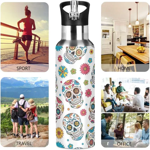 Vista 5 de BPA-Free Sport Water Bottle 32 Oz, Insulated Stainless Steel Water Bottle with Straw for Gym Outdoor Travel School, Colorful Skulls Floral