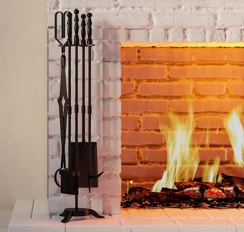 Vista 7 de Fire Beauty Juego de Herramientas para Chimenea de 5 Piezas de Hierro Forjado Juego de Herramientas para Chimenea de Exterior/Interior Juego