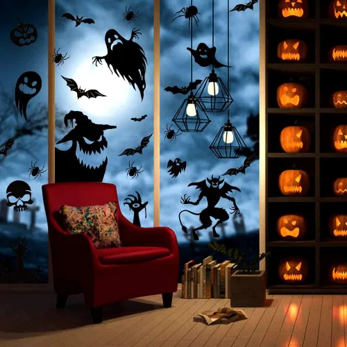 Vista 7 de Decoraciones de silueta de ventana de Halloween - Lindas calcomanías de silueta de monstru