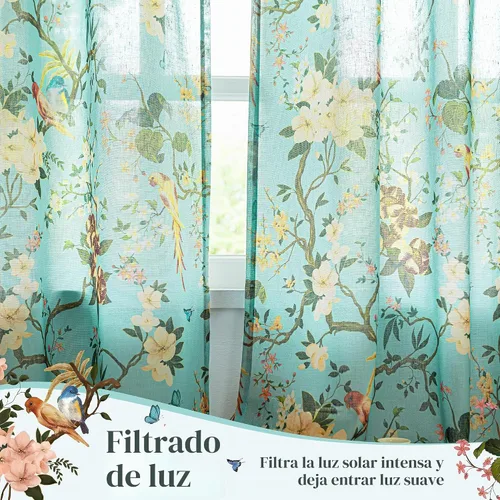 Vista 4 de Cortinas de lino de pájaro floral azul 2 paneles de 72 pulgadas de largo Aqua Blue