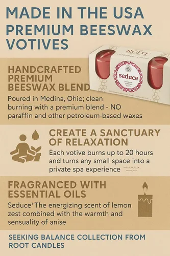 Vista 2 de Root Candles Velas votivas perfumadas Seeking Balance® Velas de aromaterapia de spa de 20 horas, 3 unidades, seducir: pachulí y anís