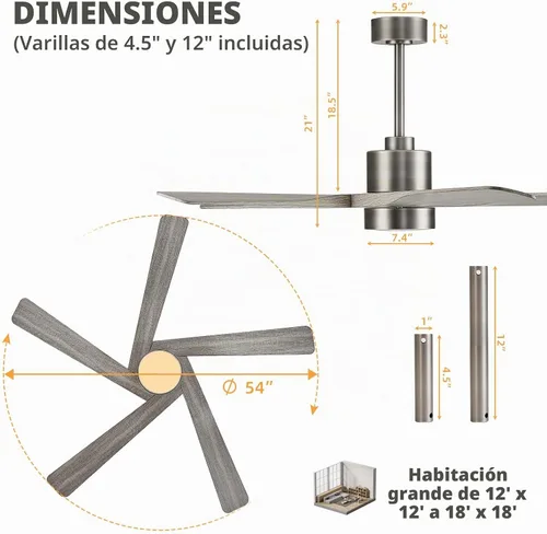 Vista 3 de WINGBO Ventilador de techo ABS DC de 54 pulgadas con luces, ventilador de techo de grano de madera ABS de 5 aspas con control remoto, motor CC