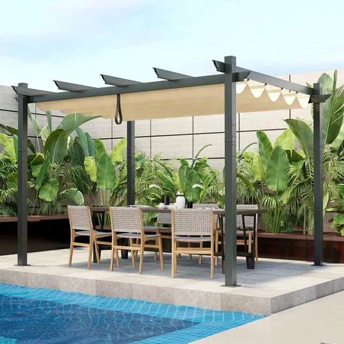 Vista 10 de Tangkula Pérgola de 10 x 12 pies, pérgola de aluminio resistente para exteriores con toldo retráctil, pabellón de refugio de patio extragrande