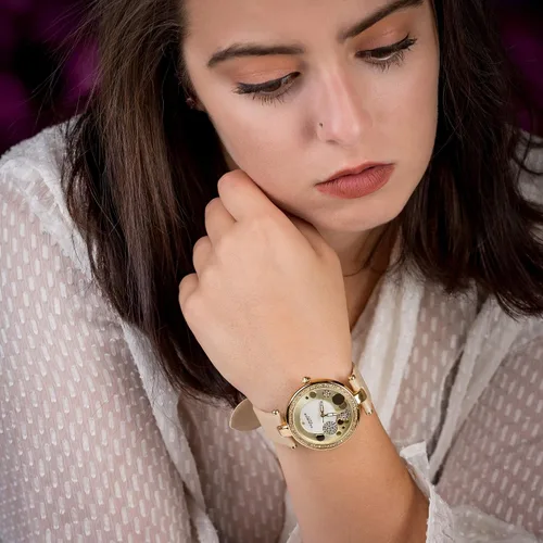 Vista 5 de Akribos Sunray Diamond Dial Reloj de mujer - Madre de perla centro y círculo lleno de cristal en una correa de cuero - AK434