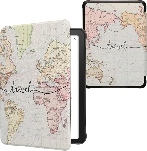 Vista 20 de kwmobile Funda compatible con Amazon Kindle Paperwhite 11. Generación 2021 - Funda para lector electrónico - Libros y páginas Beige/Marrón/Dorado