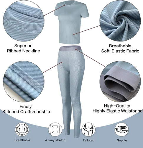 Vista 5 de YETOWA Conjunto de entrenamiento casual para mujer, 2 piezas, pantalones cortos, conjuntos de yoga, manga corta, leggings elásticos de cintura alta