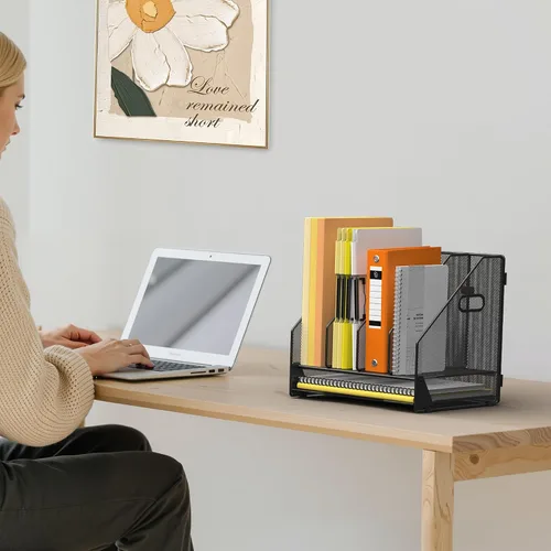 Vista 8 de Docnest Organizador de archivos de escritorio, 4 compartimentos verticales con bandeja de cartas, soporte de archivos de malla con asa