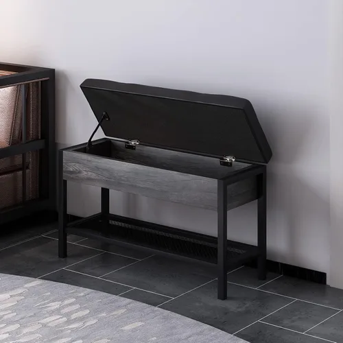 Vista 4 de Vibe & Dine Banco de almacenamiento con asiento acolchado de cuero, banco de zapatos para entrada con caja de almacenamiento abatible, banco otomano