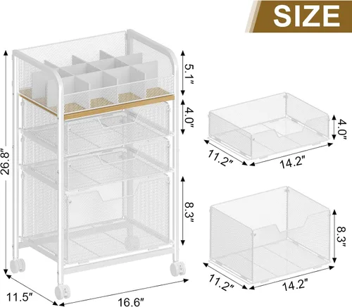 Vista 3 de Organizador de Carrito de Maquillaje con 3 Cajones, Organizadores de Cuidado de la Piel de Piso con Divisores, Organizador de Tocador Estuches