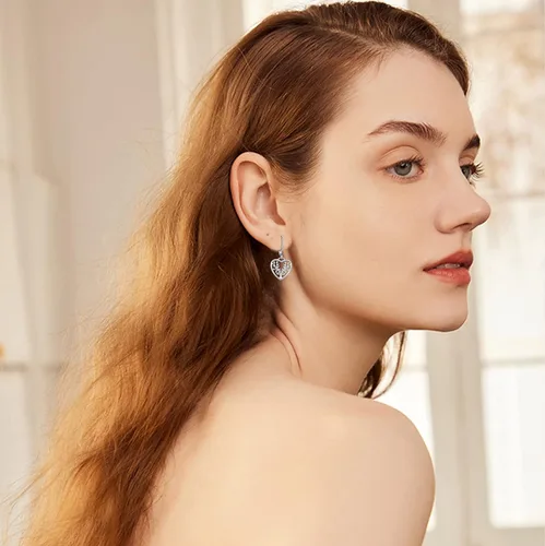 Vista 5 de Aretes colgantes con forma de corazón, plata de ley 925, aretes colgantes con forma de árbol de la vida, hipoalergénicos con corazón para orejas