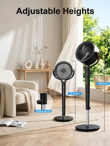 Vista 6 de Uthfy Ventilador oscilante para dormitorio, oscilación omnidireccional de 120°+120°, altura ajustable de 38-46 pulgadas, motor de CC de 120 pies