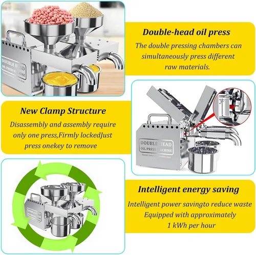 Vista 4 de Máquina de prensa de aceite eléctrica de 1200 W con salidas de aceite dobles, máquina de prensa de aceite de doble cabeza, con panel de control
