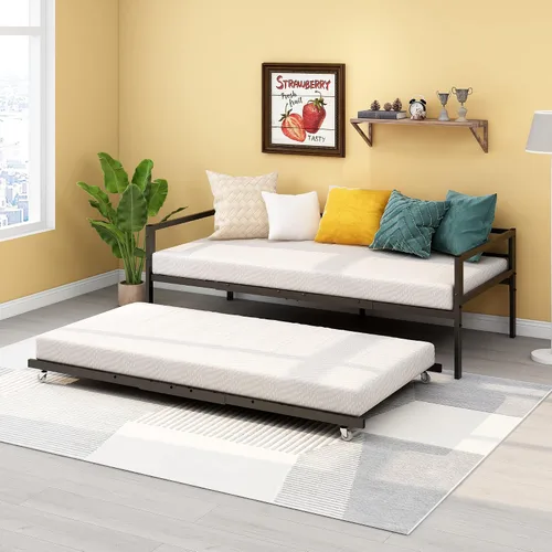 Vista 5 de HOMERECOMMEND Sofá cama de metal de tamaño individual con nido y listones de metal resistente, soporte para sofá cama, plataforma doble, base