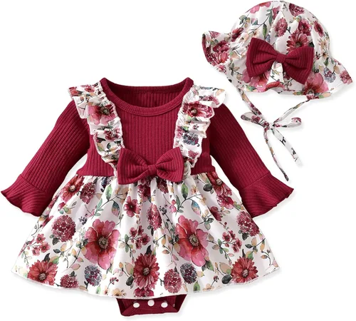 Vista 19 de Aalizzwell Vestido mameluco de una pieza para bebés y niñas con sombrero de 0 a 18 meses Rojo Navidad