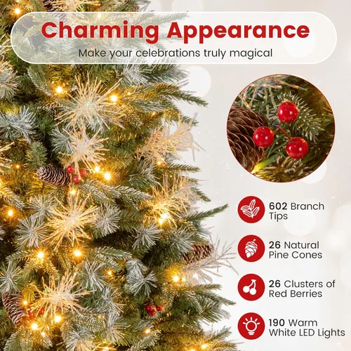 Vista 3 de DORTALA Árbol de Navidad preiluminado de 5 pies, árbol de Navidad artificial con bisagras con 190 luces LED blancas cálidas, 602 puntas de rama, 26