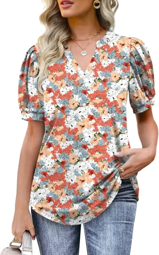 Vista 2 de OFEEFAN Blusas plisadas de manga abombada para mujer, cuello en V, holgadas, dobladillo curvado, blusas elegantes, informales, S-3XL