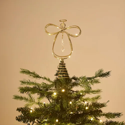 Vista 3 de Valery Madelyn Adorno de Ángel Iluminado para la Punta del Árbol de Navidad con Temporizador, Ángel Pequeño de Metal Dorado Preiluminado de 10