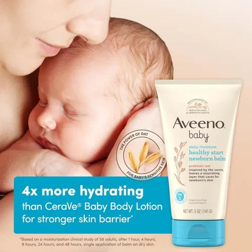 Vista 4 de Aveeno Baby Healthy Start Bálsamo nutritivo para recién nacido, bálsamo hipoalergénico para la piel del bebé con hojas de avena prebióticas, una