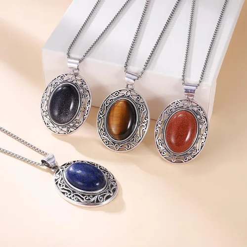 Vista 4 de Collar ovalado de piedras preciosas de acero inoxidable con colgante de cristal curativo de piedra semipreciosa para mujeres y niñas