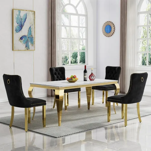 Vista 71 de Juego de 4 mesas de comedor blancas y doradas, mesa de cocina rectangular de 68 pulgadas con parte superior de mármol sintético blanco, mesa de Mesa