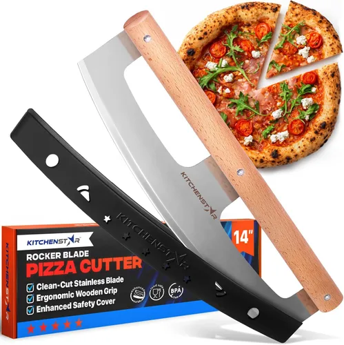Vista 10 de KitchenStar Cuchilla de corte de pizza de 16 pulgadas, cuchillo cortador de acero inoxidable afilado, elegante mango de madera de haya, cubierta