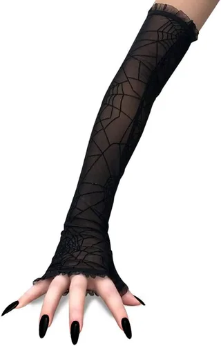 Vista 2 de Soochat Guantes sin dedos de encaje de telaraña de Halloween, Negro