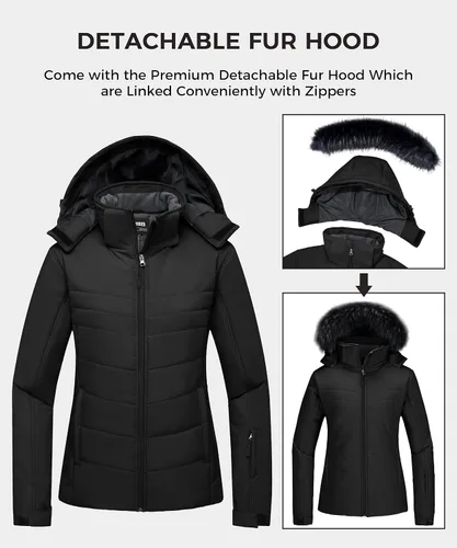 Vista 2 de Skieer Chaqueta de esquí impermeable para mujer, chaqueta acolchada gruesa con capucha, Nieve