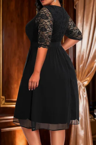 Vista 5 de Plus Size Wedding Guest Cocktail Midi Dress Lace Chiffon V Neck Wrap Negro