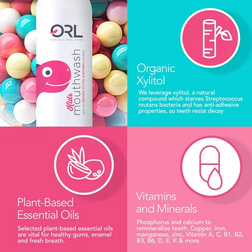 Vista 3 de ORL Enjuague bucal natural y orgánico para niños, formulado exclusivamente para limpiar la boca, blanquear tus dientes fortalecer el esmalte dental.