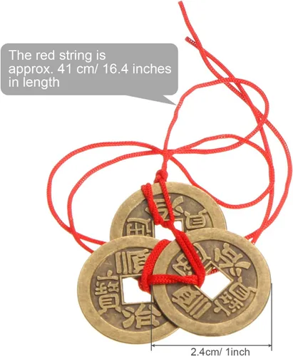 Vista 2 de Boao Monedas china de la fortuna Feng Shui I Ching Monedas de buena suerte tradicionales de latón, Adorno para el Año Nuevo con cadena roja