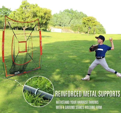 Vista 5 de BaseGoal Red de práctica de sóftbol de béisbol de 7 x 7 pies, respaldo de béisbol, con camiseta de bateo, para golpear lanzar, batear, atrapar