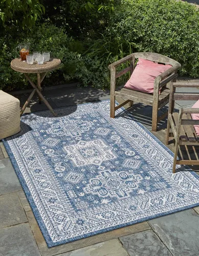Vista 63 de Unique Loom Outdoor Aztec Collection Alfombra de área, Chalca (5 pies 3 pulgadas, octágono, aguamarina/marfil)