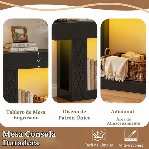 Vista 6 de Unikito Mesa consola de 47 pulgadas con tomas de corriente y luces LED, mesa de entrada de granja con patrón geométrico único de celosía, mesa