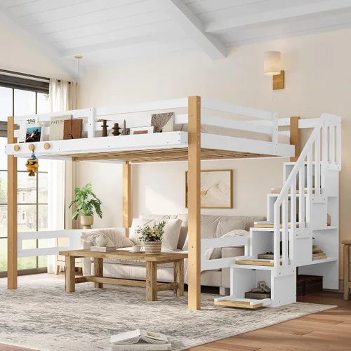 Vista 11 de Queen Loft Bed with Shelves and Clothes Hook, Space-Saving Wood Loft Bed Frame with Staircase and Ample Under-Bed Space, Beige & Natural