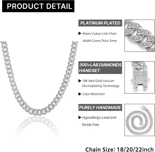 Vista 3 de Miami Cuban Link Chain Necklace Bling CZ Diamonds Chain Iced Out Hip Hop Jewelry Gifts for Men Women Gold Silver 18" 20" 22