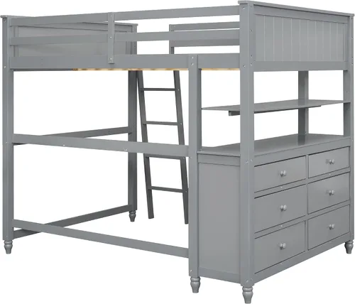 Vista 8 de Cama tipo loft tamaño matrimonial con escritorio y cajones de almacenamiento, cama alta tamaño matrimonial para adultos y niños, marco de cama