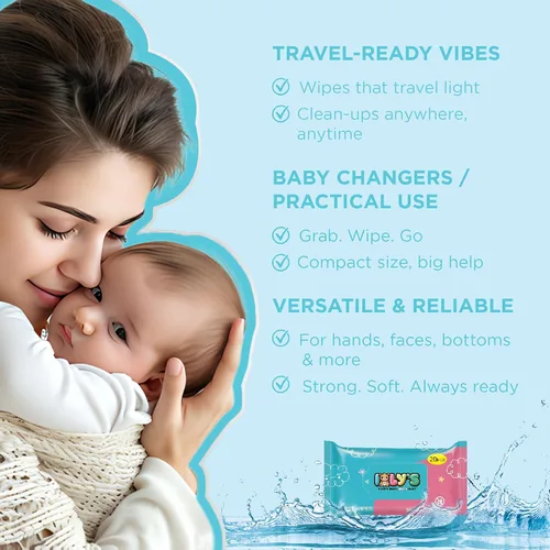 Vista 3 de Ioly's Toallitas húmedas sin perfume para bebé, 99% a base de agua con aloe vera, paquete de viaje sin fragancia, 20 unidades de toallitas