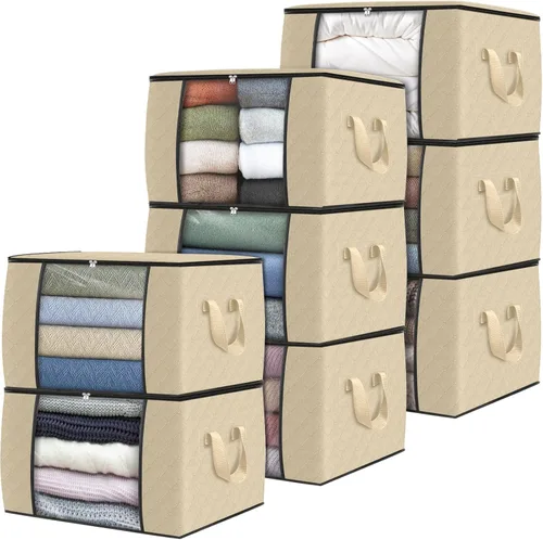 Vista 70 de Fab totes Paquete de 3 bolsas de almacenamiento plegables de tela gruesa, contenedores para organizar dormitorio, armario, ropa, edredón, Beige