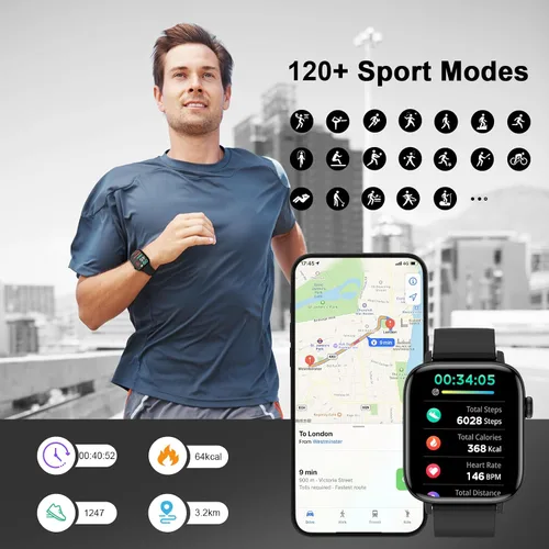 Vista 5 de Reloj inteligente para hombre con pantalla táctil HD de 1.90 pulgadas, llamada Bluetooth, rastreador de actividad física con más de 120 modos